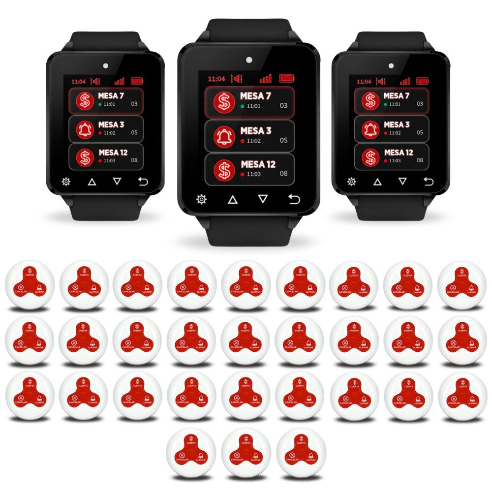 Kit 30 Llamadores De Mozo Y 3 Relojes Receptores Gastronomia